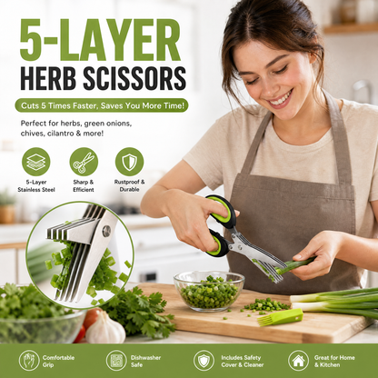 ✂️🥬 Rostfria fembladiga kökssaxar – Klipper jämna, fina strimlor i ett enda drag. Hanterar enkelt salladslök, koriander, chili och tång.