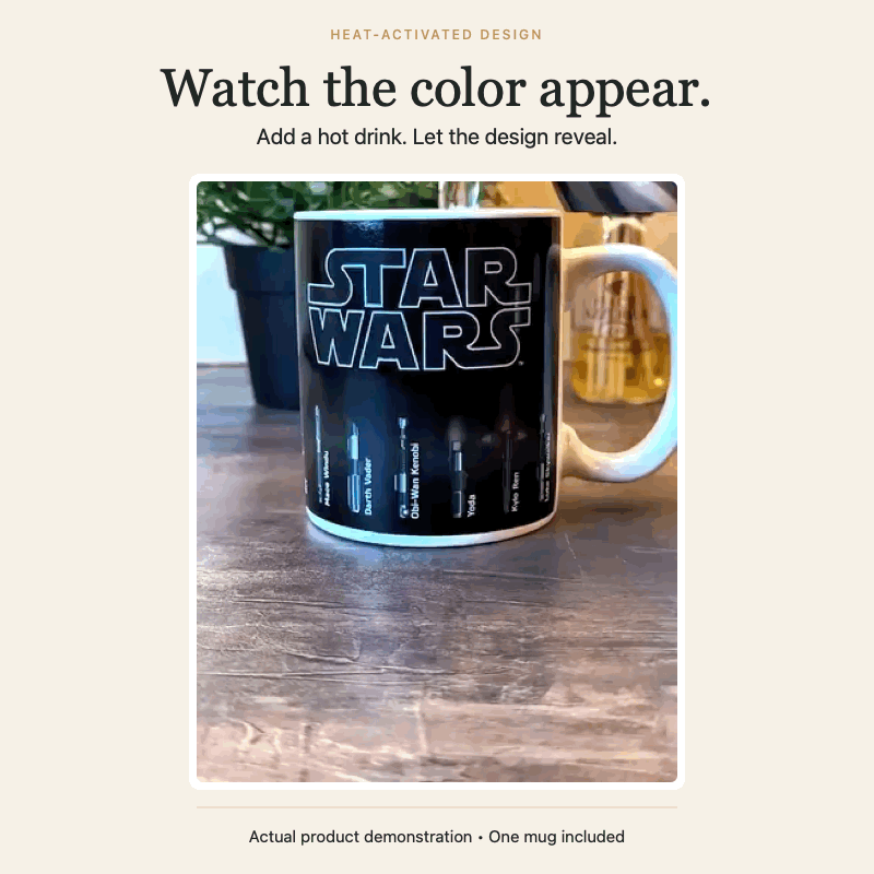 Actual video of a ceramic mug revealing color as a hot drink is poured.
