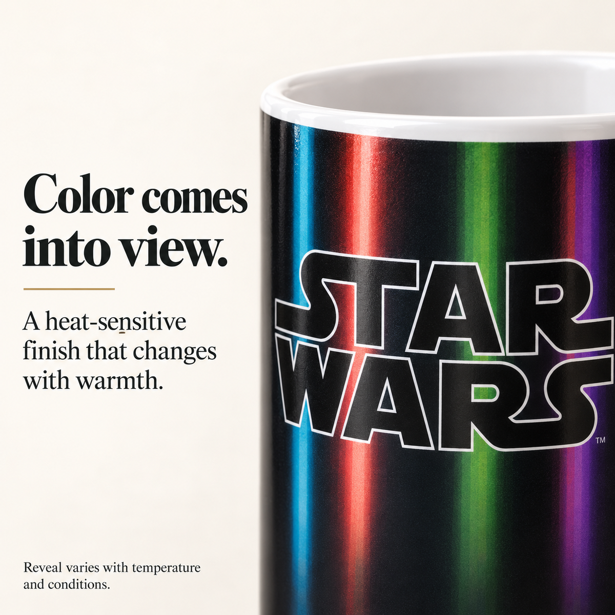 Close-up of the multicolor print revealed on a warmed ceramic mug.