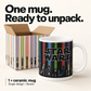 One ceramic heat-reveal mug shown beside its open printed cardboard box.