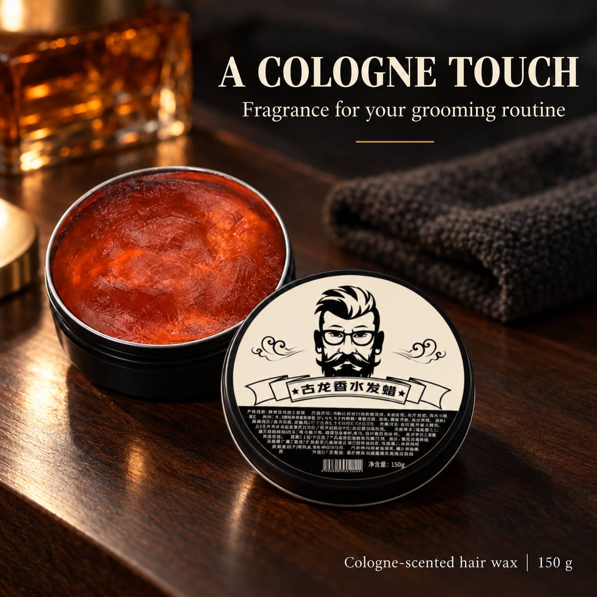Cologne-scented hair wax in a warm premium grooming scene