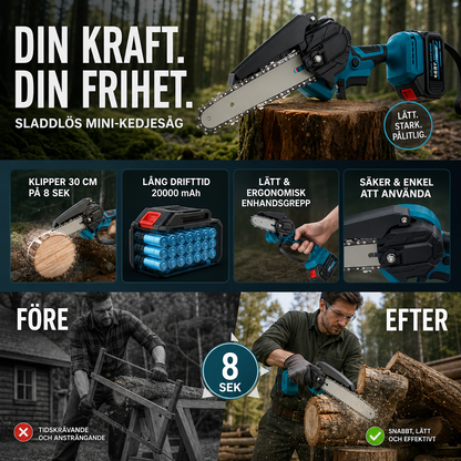 🔧 50% RABATT NU! 6‑tums sladdlös minimotorsåg med 2 batterier – kraftfull, lätt & ergonomisk – perfekt för ved, beskärning och trädgårdsarbete 🌲⚡