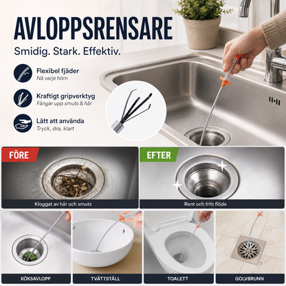🛒 50% RABATT NU! 🚰 Avloppsrengöringskrok – Ingen kemikalie behövs, Lättanvänd & Återanvändbar – Perfekt för Badrum, Kök, Vask & Avloppsrensning 🌿