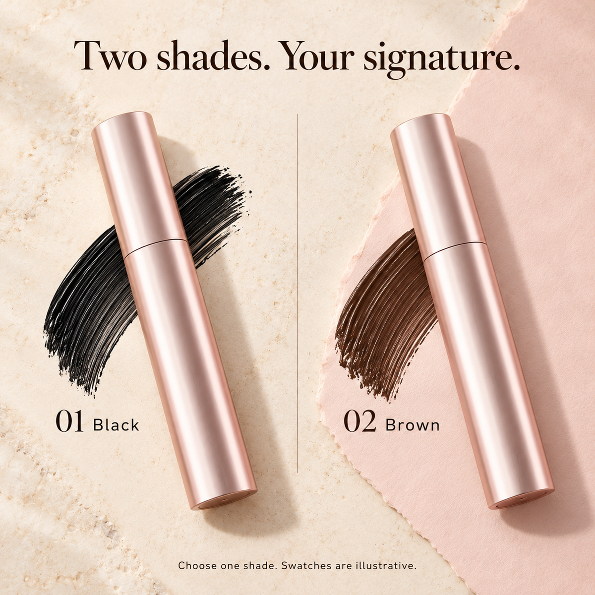 Black and Brown mascara shade options with matching rose-gold packaging