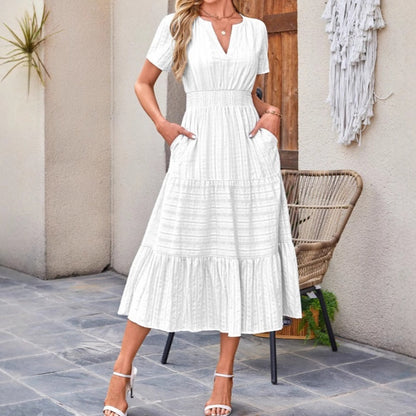 🔥🔥Kortärmade V-neckade långklänningar för kvinnor med kort ärm👗