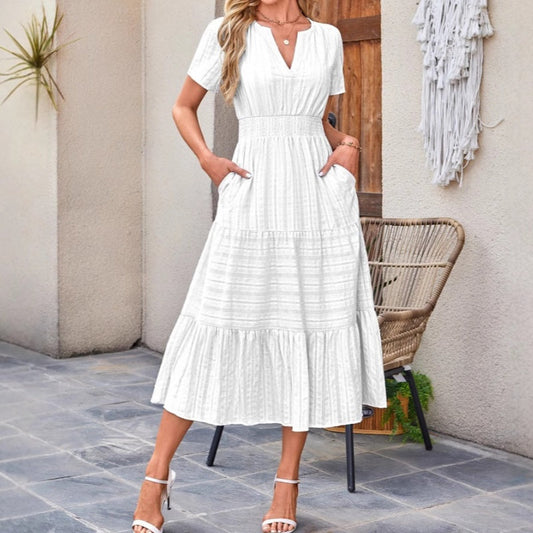 🔥🔥Kortärmade V-neckade långklänningar för kvinnor med kort ärm👗